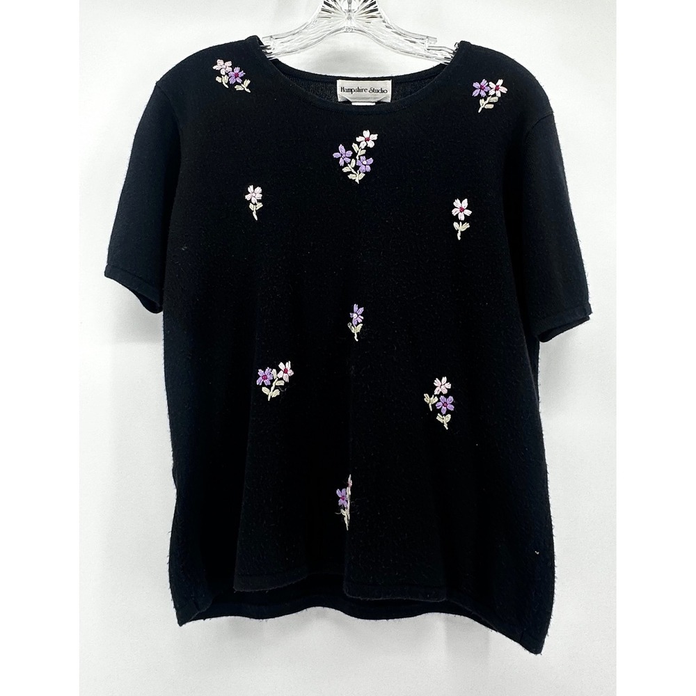 Hampshire Studio Black Floral Embroidered Short Sleeve Knit Sweater Medium